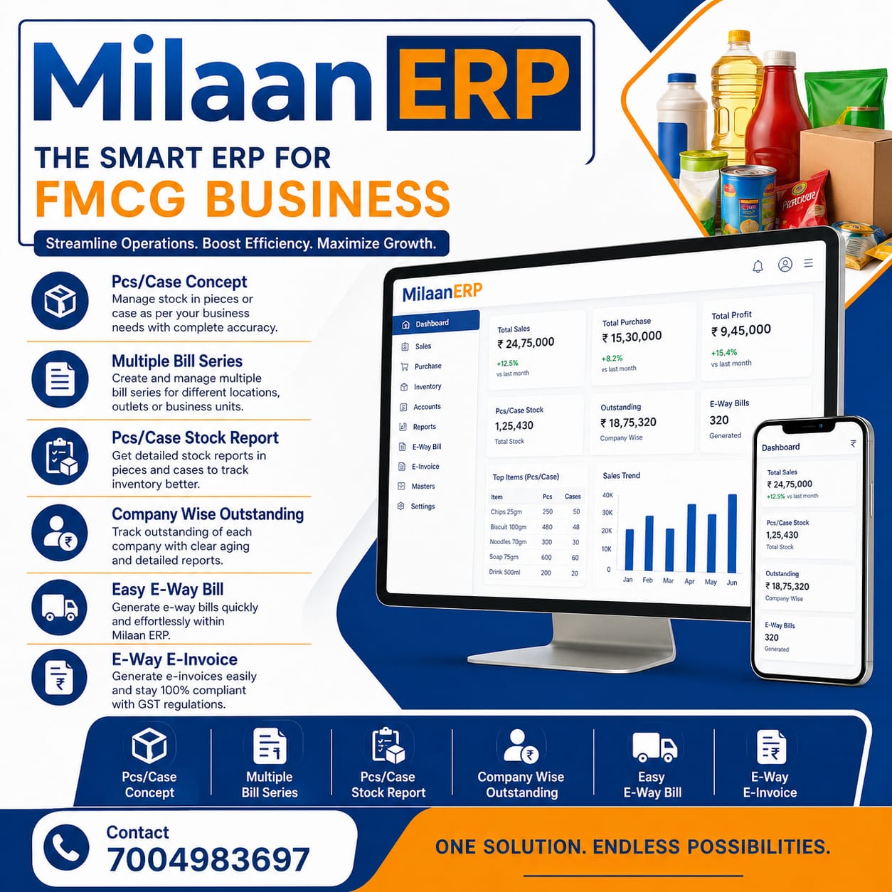 Milaan ERP for FMCG Business – Pcs/Case stock management, multiple bill series, e-way bill, e-invoice and company-wise outstanding tracking for FMCG distributors and wholesalers in India.