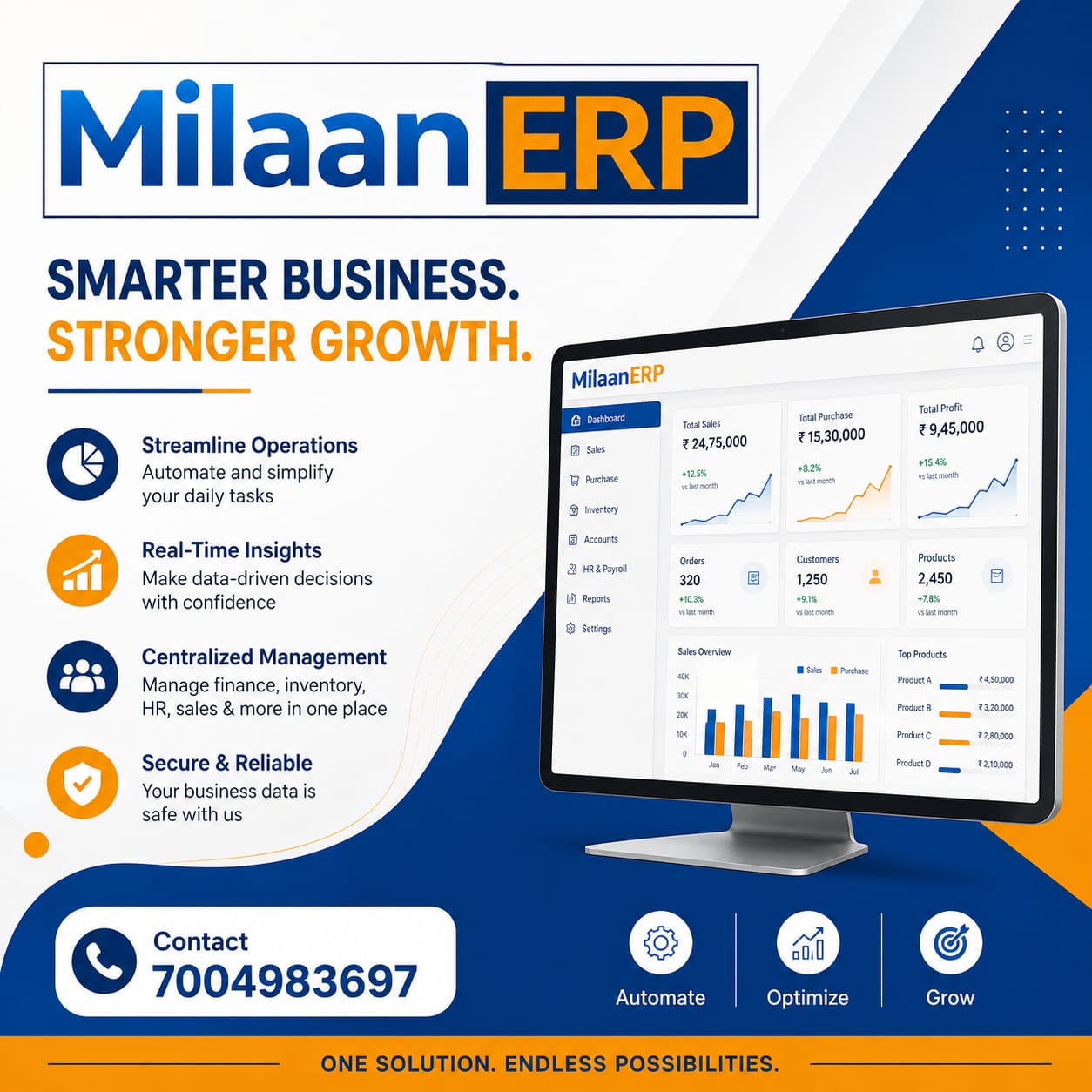 Milaan ERP cloud software dashboard – Smarter Business, Stronger Growth. Automate operations, real-time insights, GST billing and inventory management for Indian businesses.