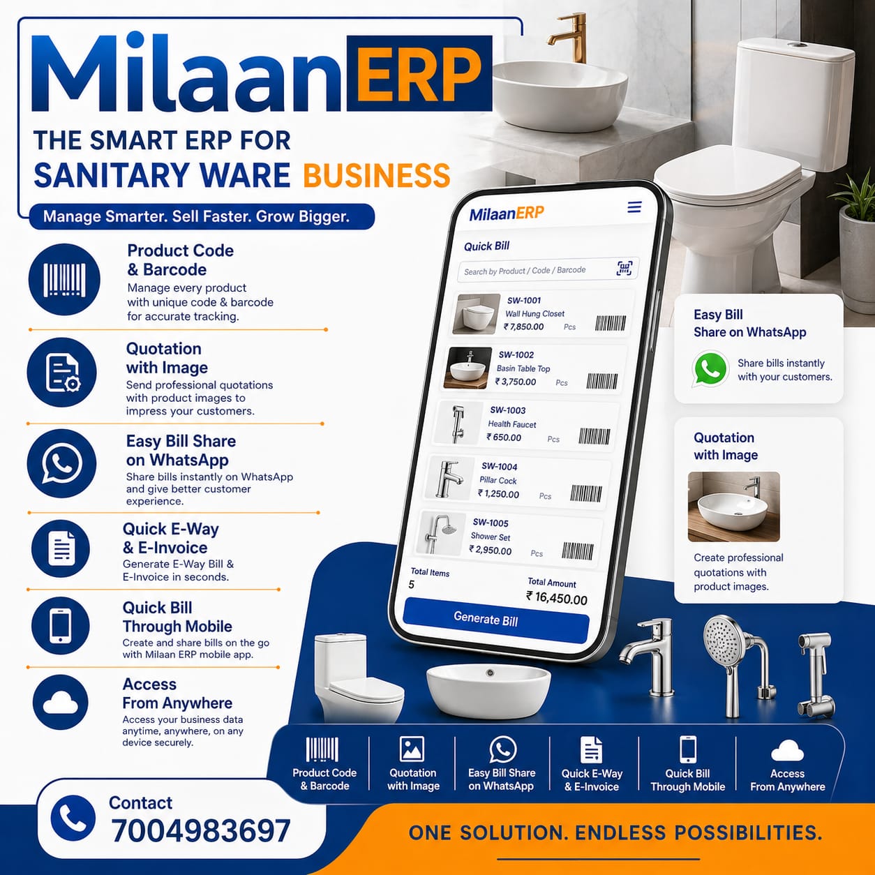 Milaan ERP for Sanitary Ware Business – Product barcode management, quotation with image, WhatsApp bill sharing, e-way bill, e-invoice and mobile billing app for sanitary ware dealers.
