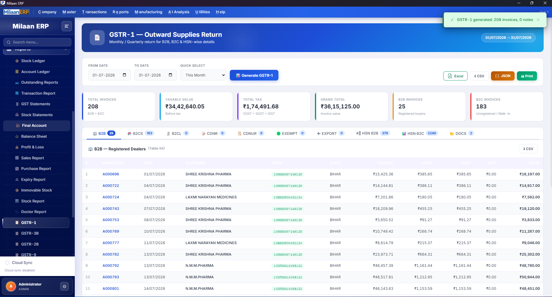 Milaan ERP GSTR-1 Report
